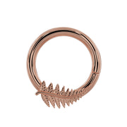14K rose gold fern leaf seam ring hoop, front view with warm blush tone and textured leaf