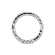 14K white gold diamond bar seam ring with three prong-set diamonds, front view