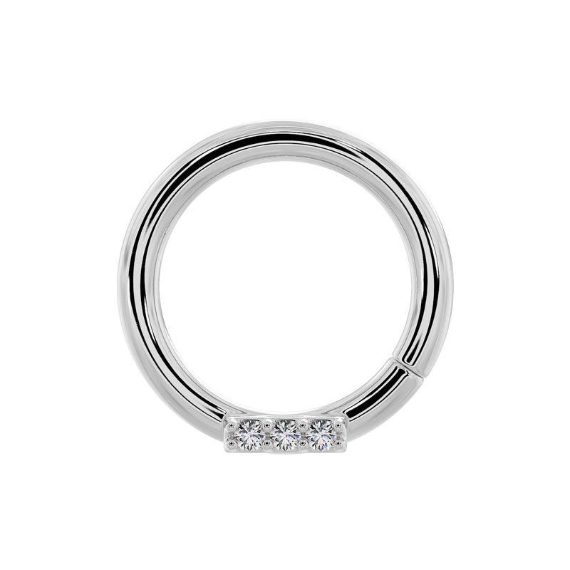 14K white gold diamond bar seam ring with three prong-set diamonds, front view