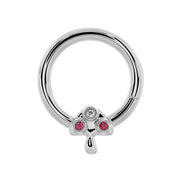 14K white gold mushroom seamless ring with diamond and ruby bezel settings, front view