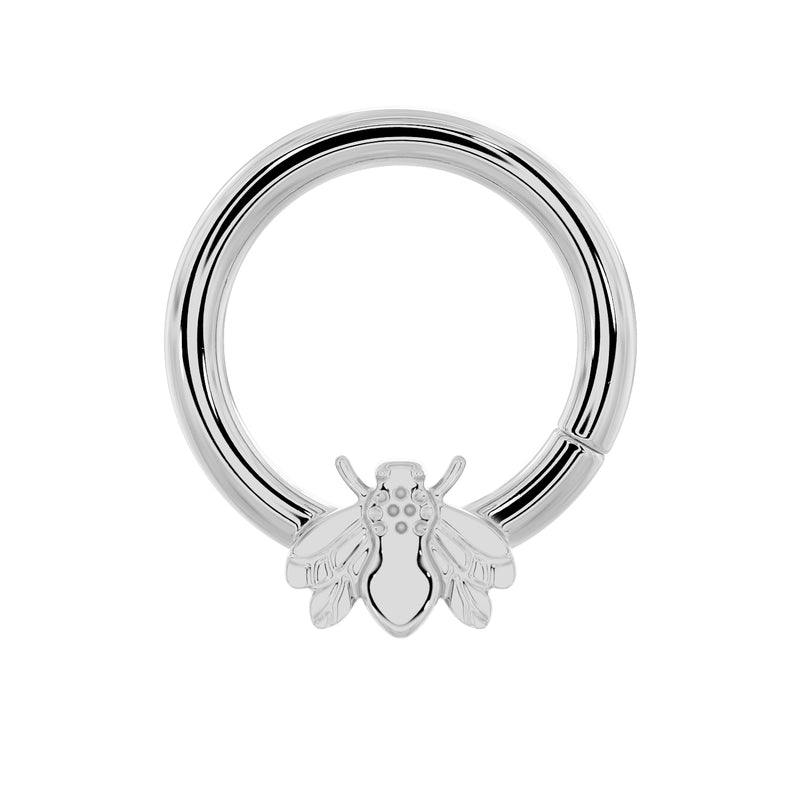 14K white gold bee seam ring hoop, front view showing engraved bee charm detail