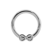 14K white gold infinity symbol seam ring hoop, front view with polished high-shine finish
