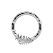 14K white gold fern leaf seam ring hoop, front view with engraved vein detail on leaf charm