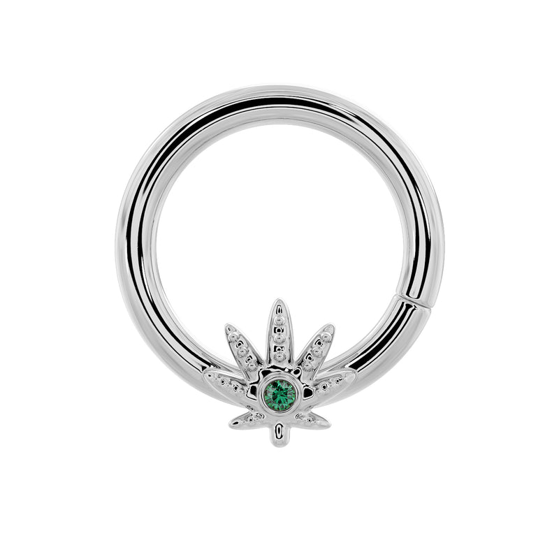 14K white gold seamless ring with emerald marijuana leaf charm, front view