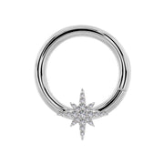 14K white gold north star diamond seam ring hoop, front view with pave diamond star charm