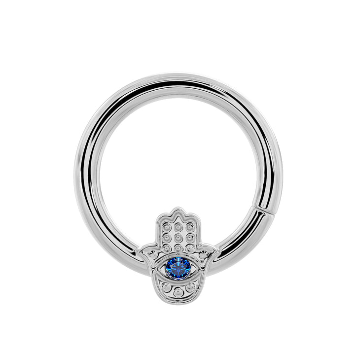 Hamsa with Sapphire Evil Eye 14K Gold Seam Ring Hoop