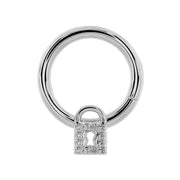 14k white gold diamond lock seam ring hoop, front view with diamond-set padlock charm