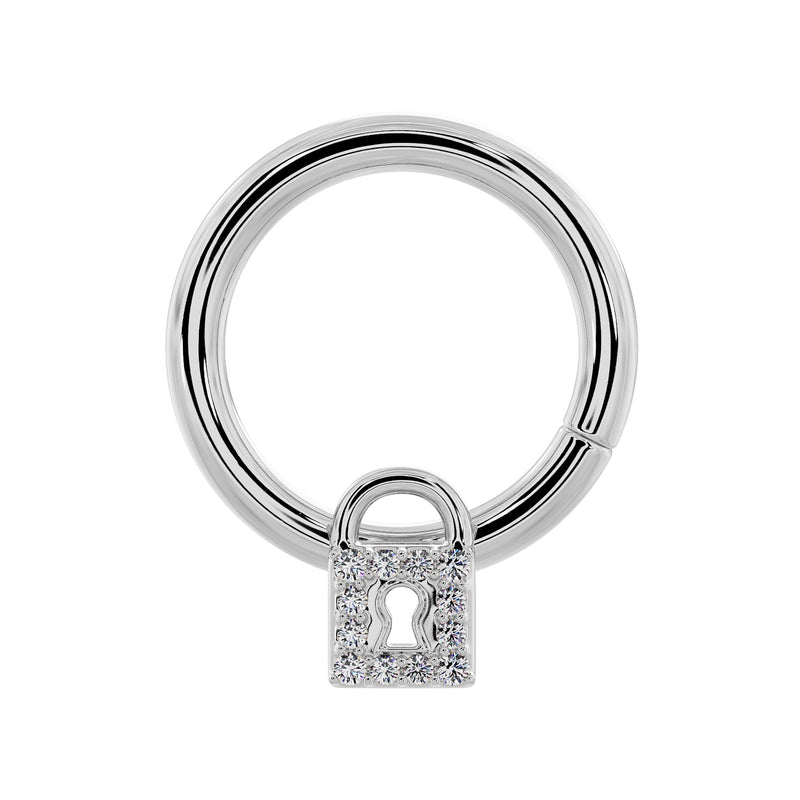 14k white gold diamond lock seam ring hoop, front view with diamond-set padlock charm