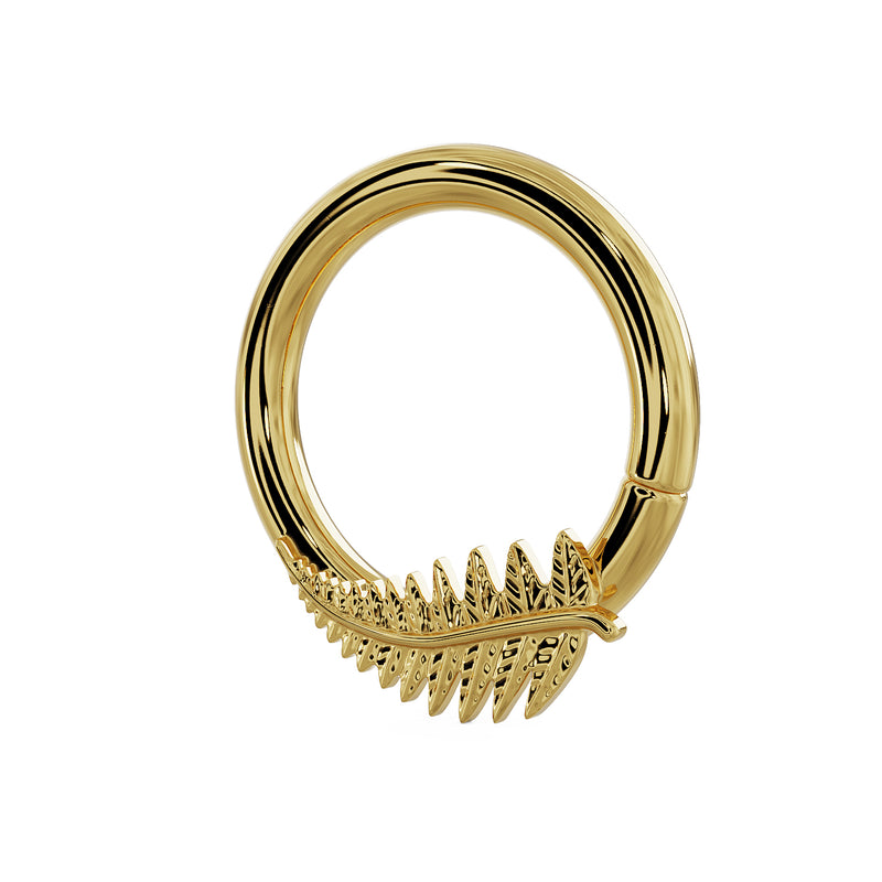 Side profile of 14K yellow gold fern leaf seam ring showing depth and engraved leaflet texture