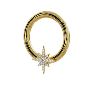 14K yellow gold north star diamond seam ring, angled side view showing hoop depth and star detail