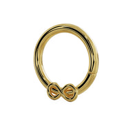 Side profile of 14K yellow gold infinity seam ring showing depth and polished band curvature