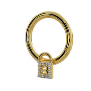 Side profile of 14k yellow gold diamond lock seam ring showing depth of padlock charm