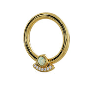 Side profile of 14K yellow gold opal and diamond UFO seam ring showing charm depth