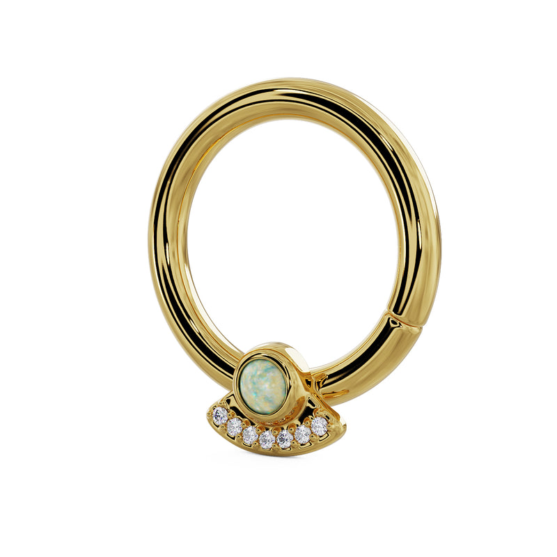 Side profile of 14K yellow gold opal and diamond UFO seam ring showing charm depth