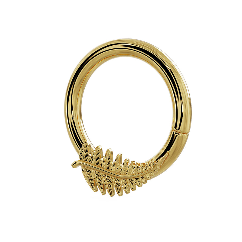 Side profile of 14K yellow gold fern leaf seam ring showing depth and clasp detail