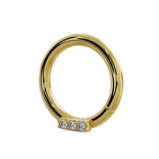 Angled side profile of 14K yellow gold trinity diamond seam ring showing bar depth and setting