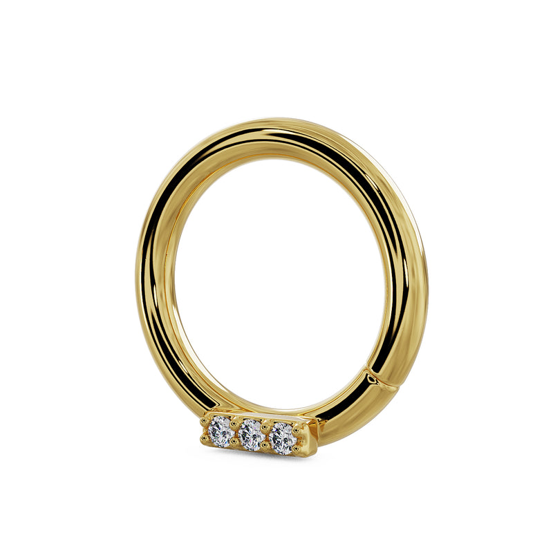 Angled side profile of 14K yellow gold trinity diamond seam ring showing bar depth and setting