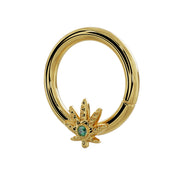 Angled side view of 14K yellow gold cannabis leaf seamless ring showing hoop depth