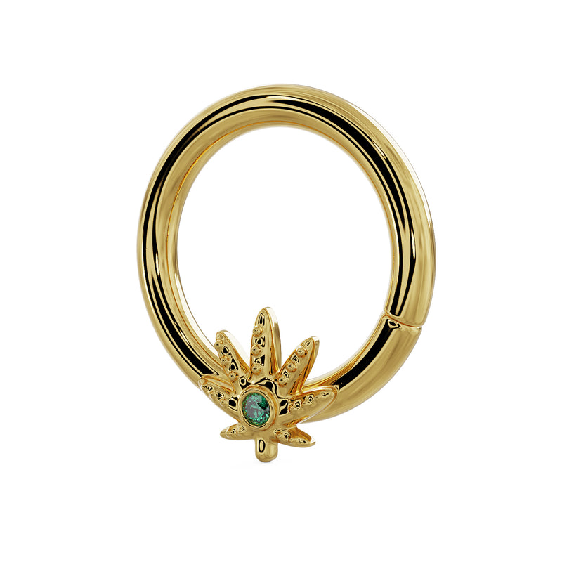 Angled side view of 14K yellow gold cannabis leaf seamless ring showing hoop depth