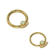 14K yellow gold opal diamond seam ring shown in two sizes side by side for scale