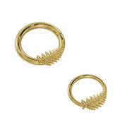 Two 14K yellow gold fern leaf seam rings side by side showing size comparison between diameters