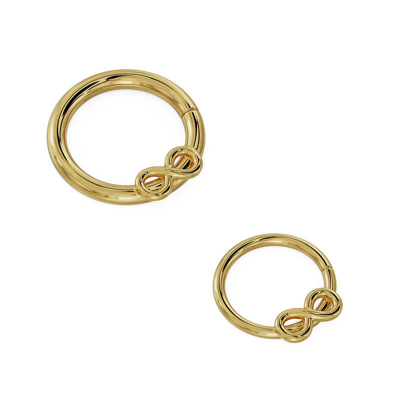Two 14K yellow gold infinity seam rings side by side showing size comparison between diameters