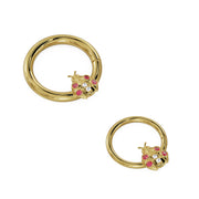 Two 14K yellow gold ladybug seam rings side by side comparing large and small hoop diameter sizes