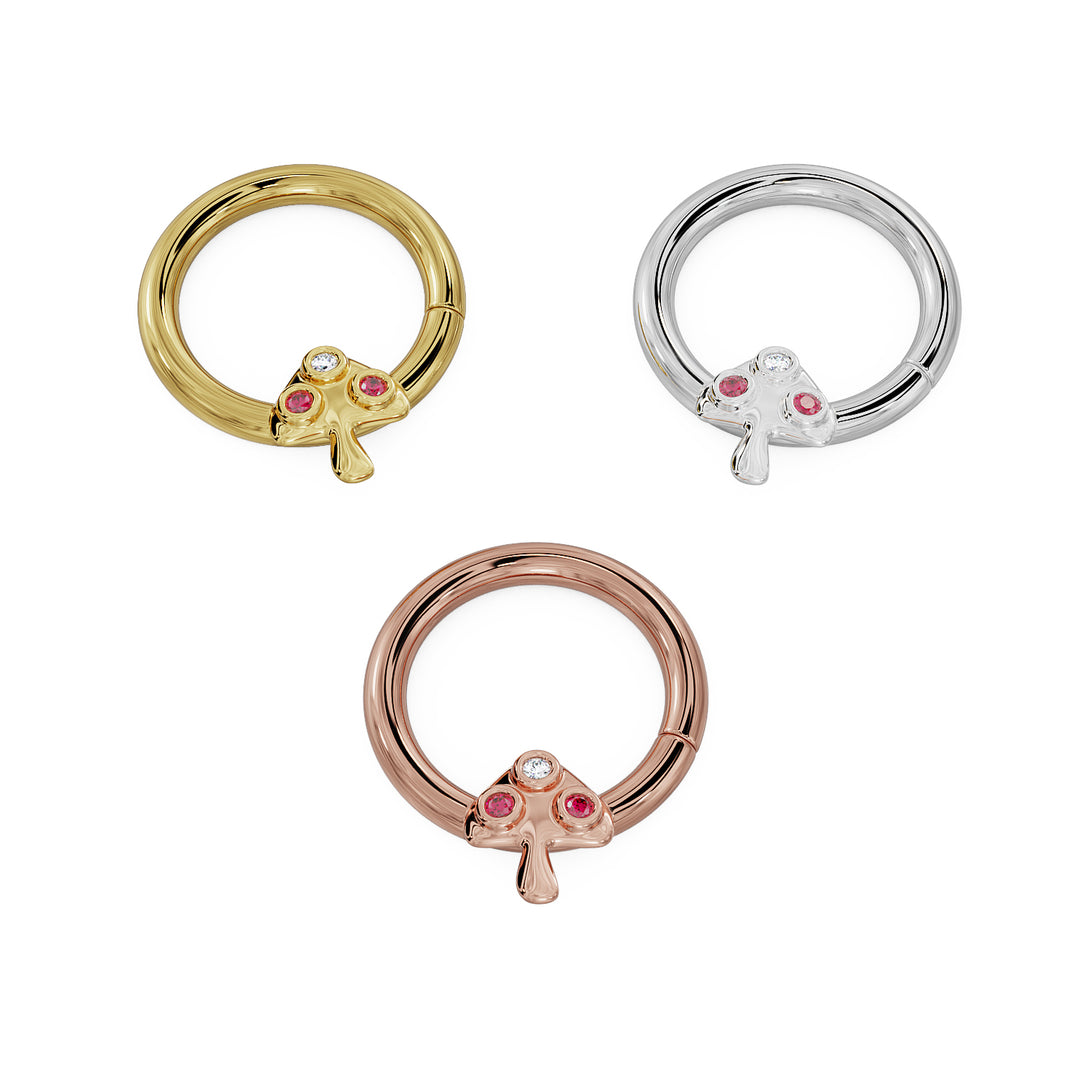 Diamond and Ruby Mushroom 14K Gold Seam Ring Hoop