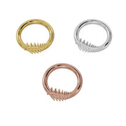 Fern leaf seam ring hoop in all three 14K gold tones: yellow, white, and rose gold