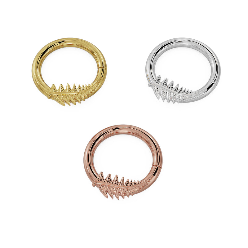 Fern leaf seam ring hoop in all three 14K gold tones: yellow, white, and rose gold