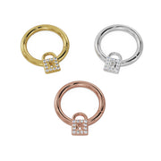 Diamond lock seam ring hoop in all three metal options: 14k yellow gold, white gold, and rose gold