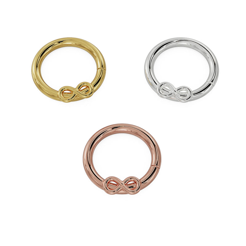 Infinity seam ring hoop in all three 14K gold colors: yellow, white, and rose gold, front view