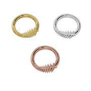 Fern leaf seam ring hoop in all three 14K gold tones: yellow gold, white gold, and rose gold