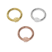 Monstera leaf seam ring in all three 14K gold tones: yellow, white, and rose gold, front view comparison