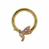 14K yellow gold hummingbird seam ring with amethyst, pink sapphire, and emerald gemstones, front view