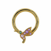 14K yellow gold hummingbird seam ring with amethyst, pink sapphire, and emerald gemstones, front view