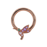 14K rose gold hummingbird seam ring with amethyst and pink sapphire gemstones, front view
