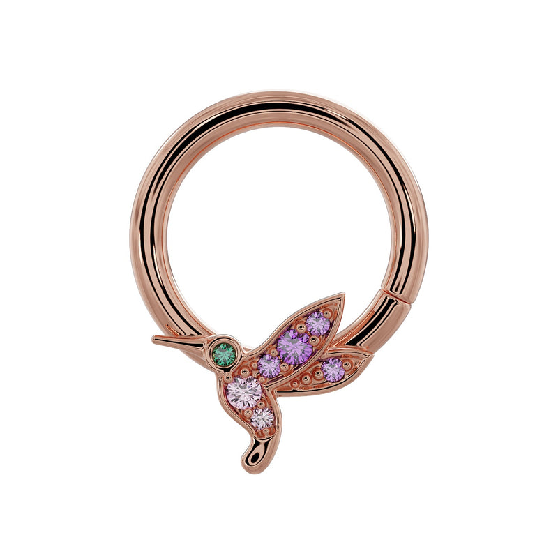 14K rose gold hummingbird seam ring with amethyst and pink sapphire gemstones, front view