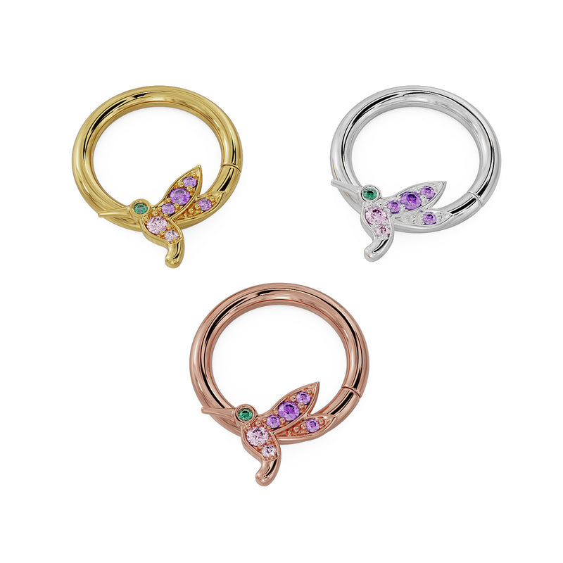 Hummingbird 14K gold seam ring in all three metal colors: yellow gold, white gold, and rose gold