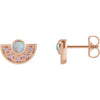 14k rose gold Ethiopian opal and pink sapphire fan earrings, angled front and side view showing post and backing