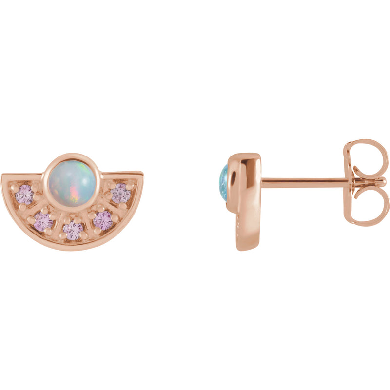 14k rose gold Ethiopian opal and pink sapphire fan earrings, angled front and side view showing post and backing