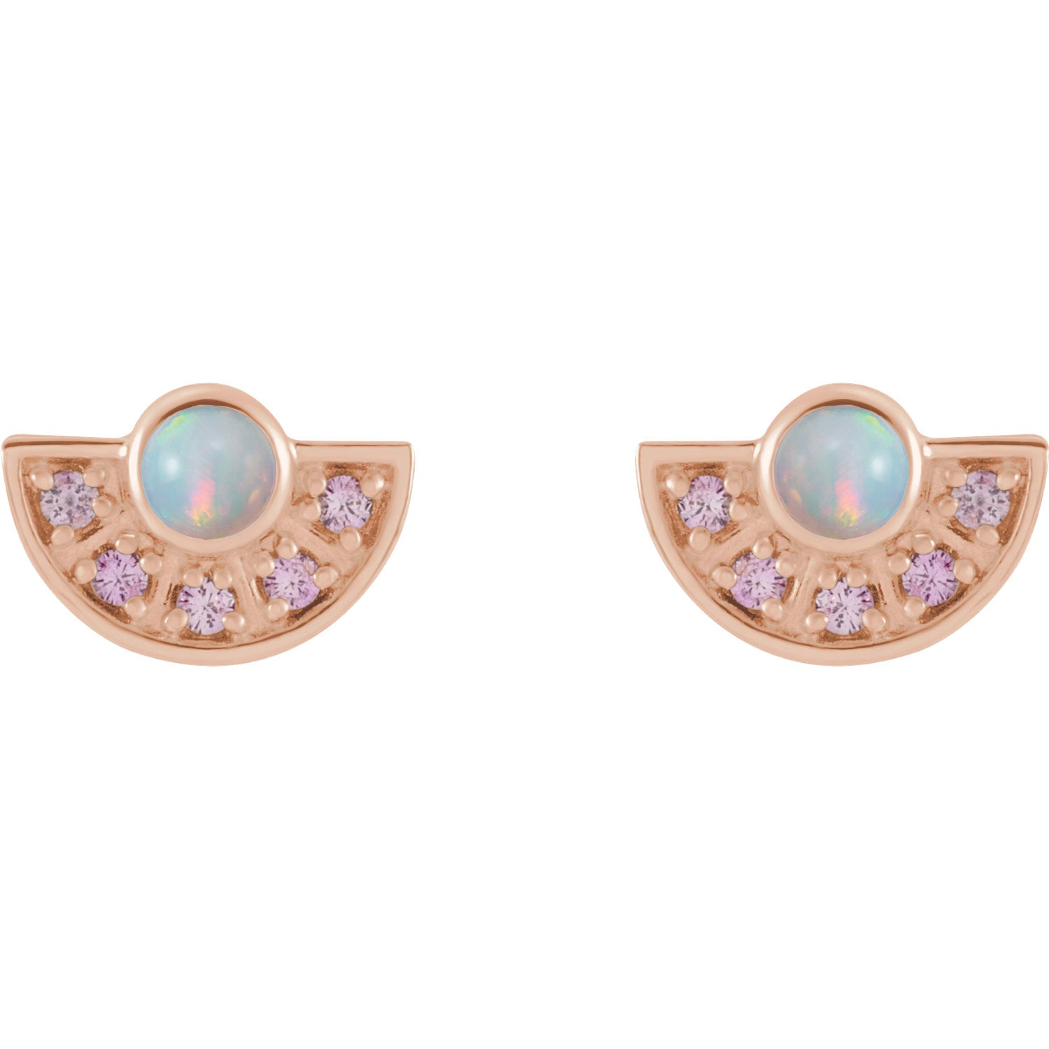 Ethiopian Opal & Pink Sapphire Fan Earrings in 14k Gold