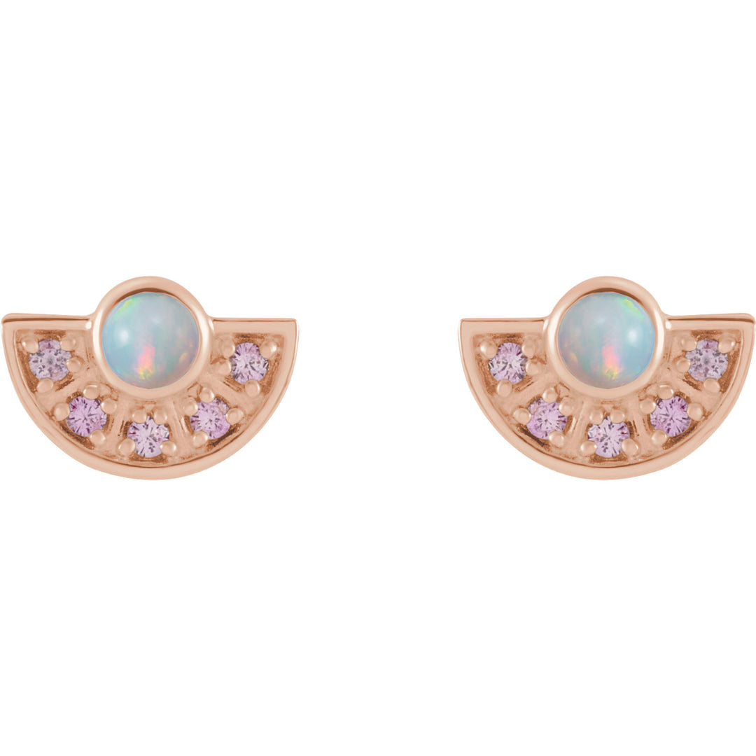 Ethiopian Opal & Pink Sapphire Fan Earrings in 14k Gold