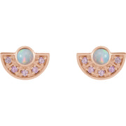 14k rose gold opal fan earrings with pink sapphires, close-up front view of both studs showing fire play