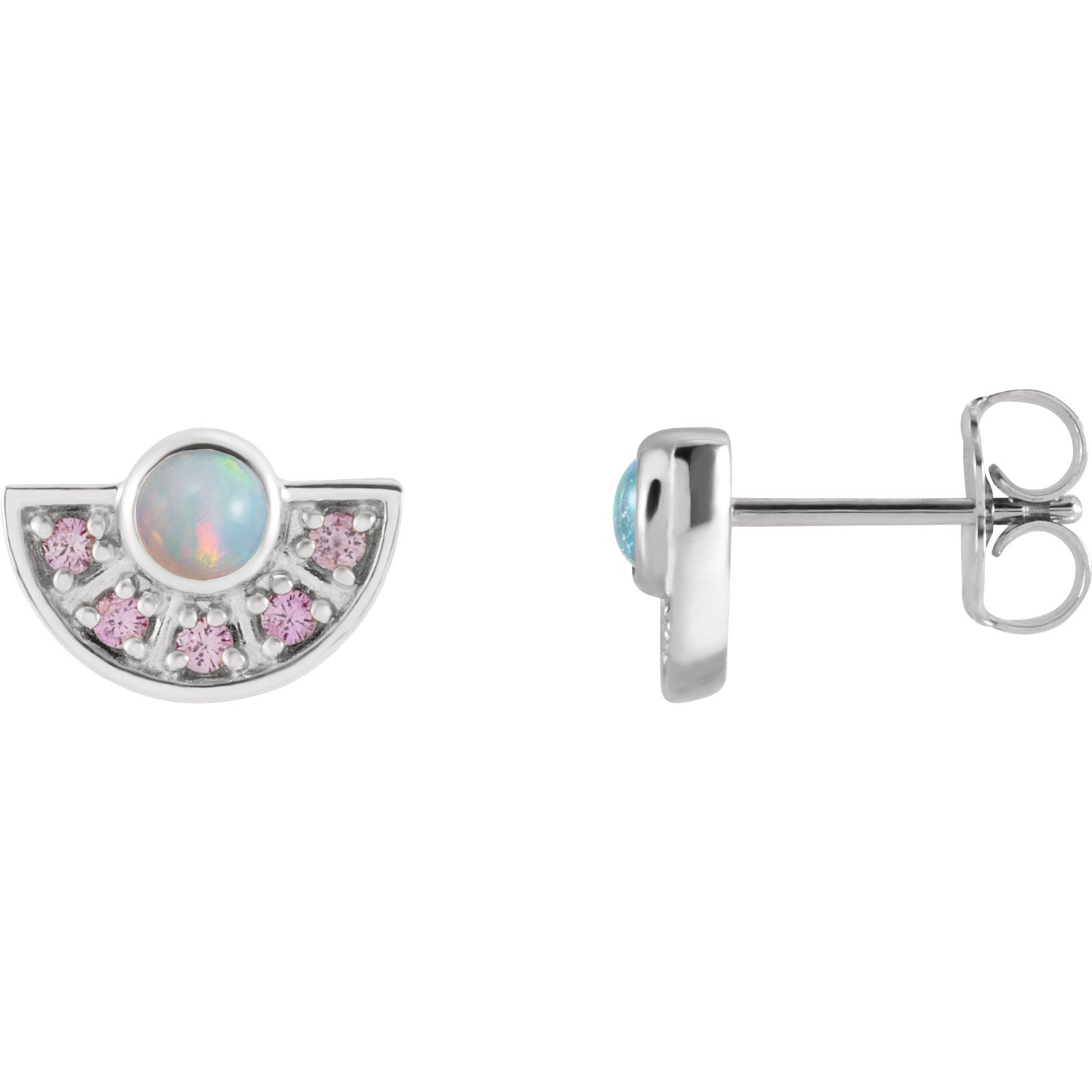 Ethiopian Opal & Pink Sapphire Fan Earrings in 14k Gold-White