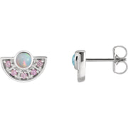 14k white gold Ethiopian opal and pink sapphire fan earrings, front and side profile showing butterfly backs
