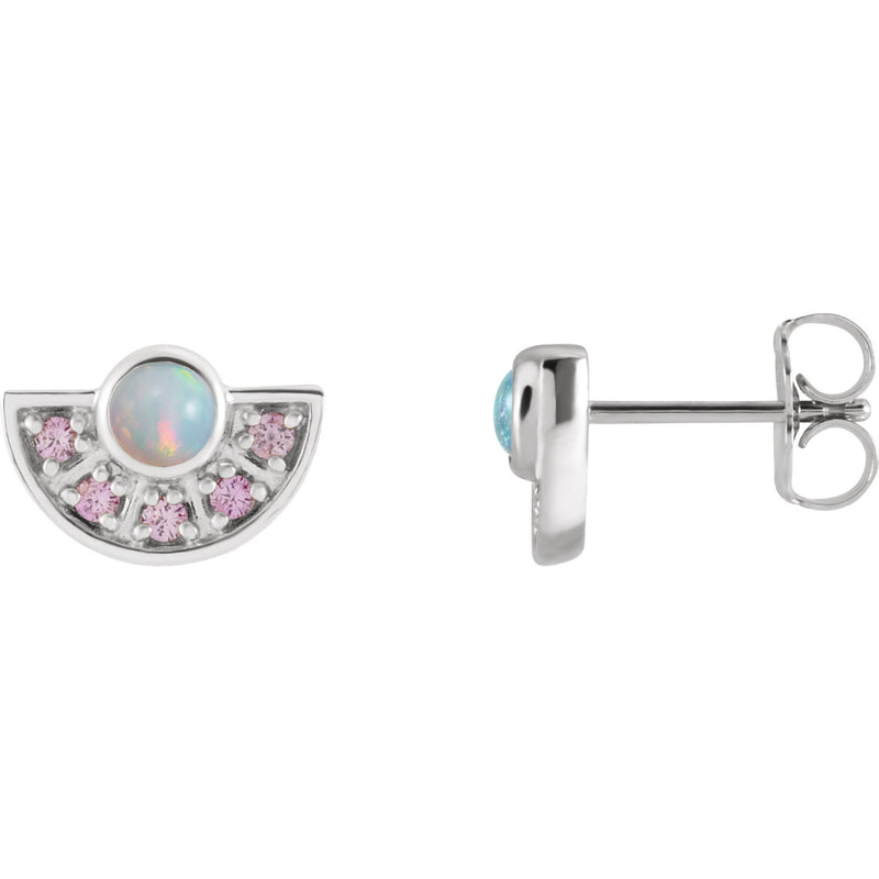 14k white gold Ethiopian opal and pink sapphire fan earrings, front and side profile showing butterfly backs