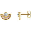 14k yellow gold Ethiopian opal and pink sapphire fan stud earrings, front and side profile view