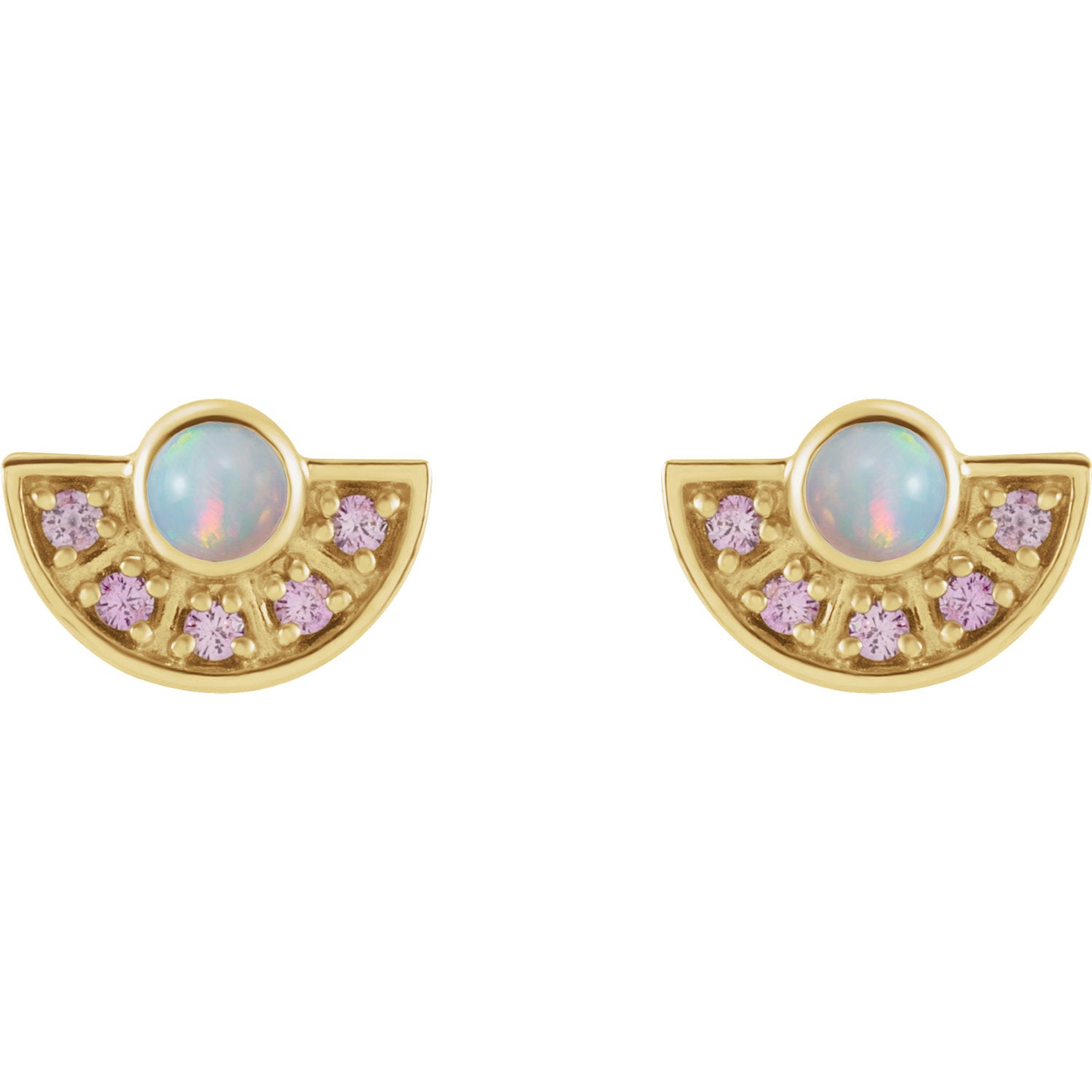 Ethiopian Opal & Pink Sapphire Fan Earrings in 14k Gold