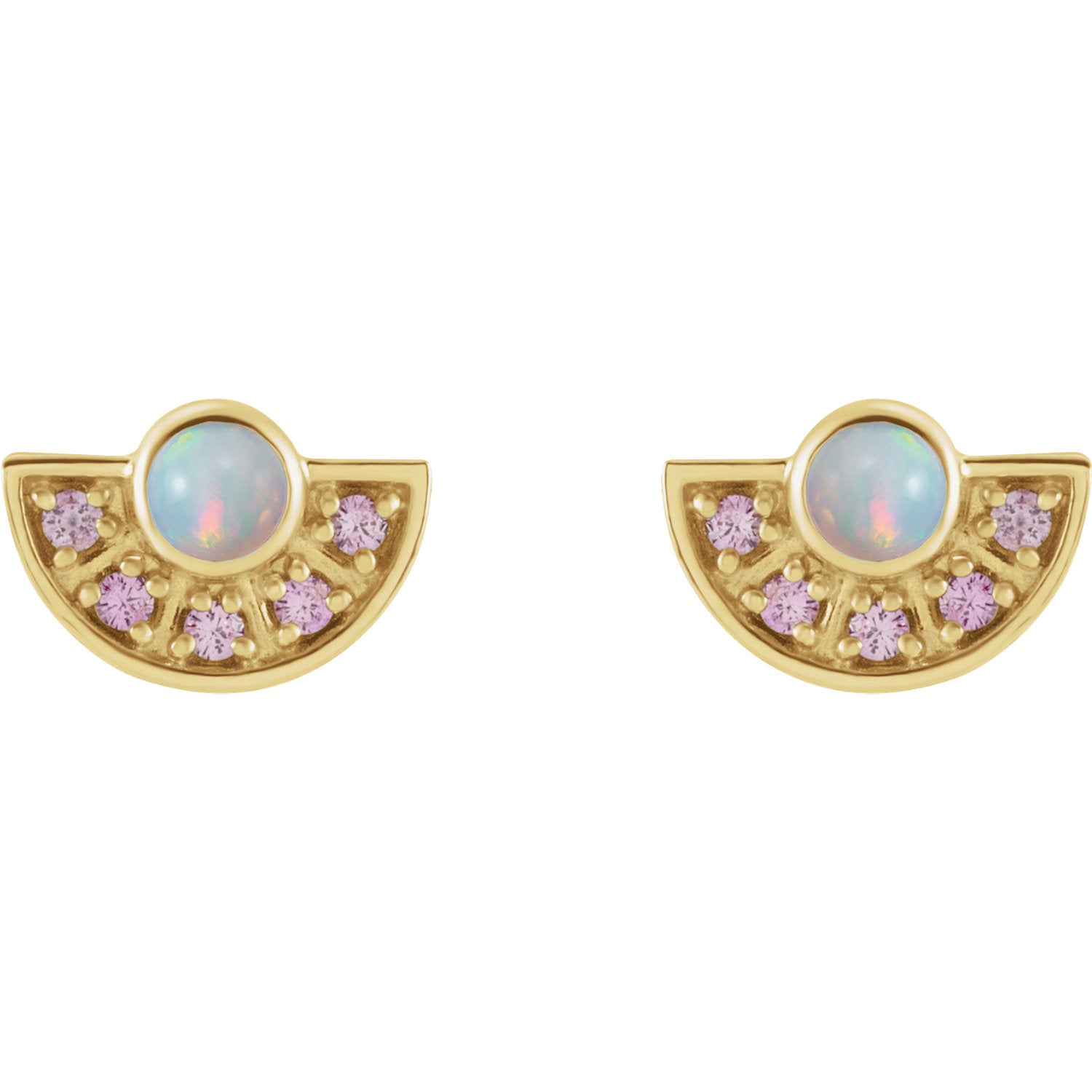 Ethiopian Opal & Pink Sapphire Fan Earrings in 14k Gold